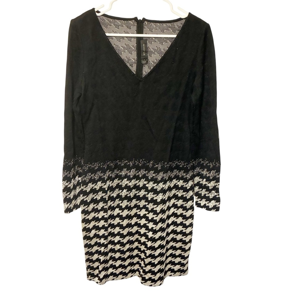 St John Black Deep V‎ Chevron Print Wool Blend Sweater Dress Size 8